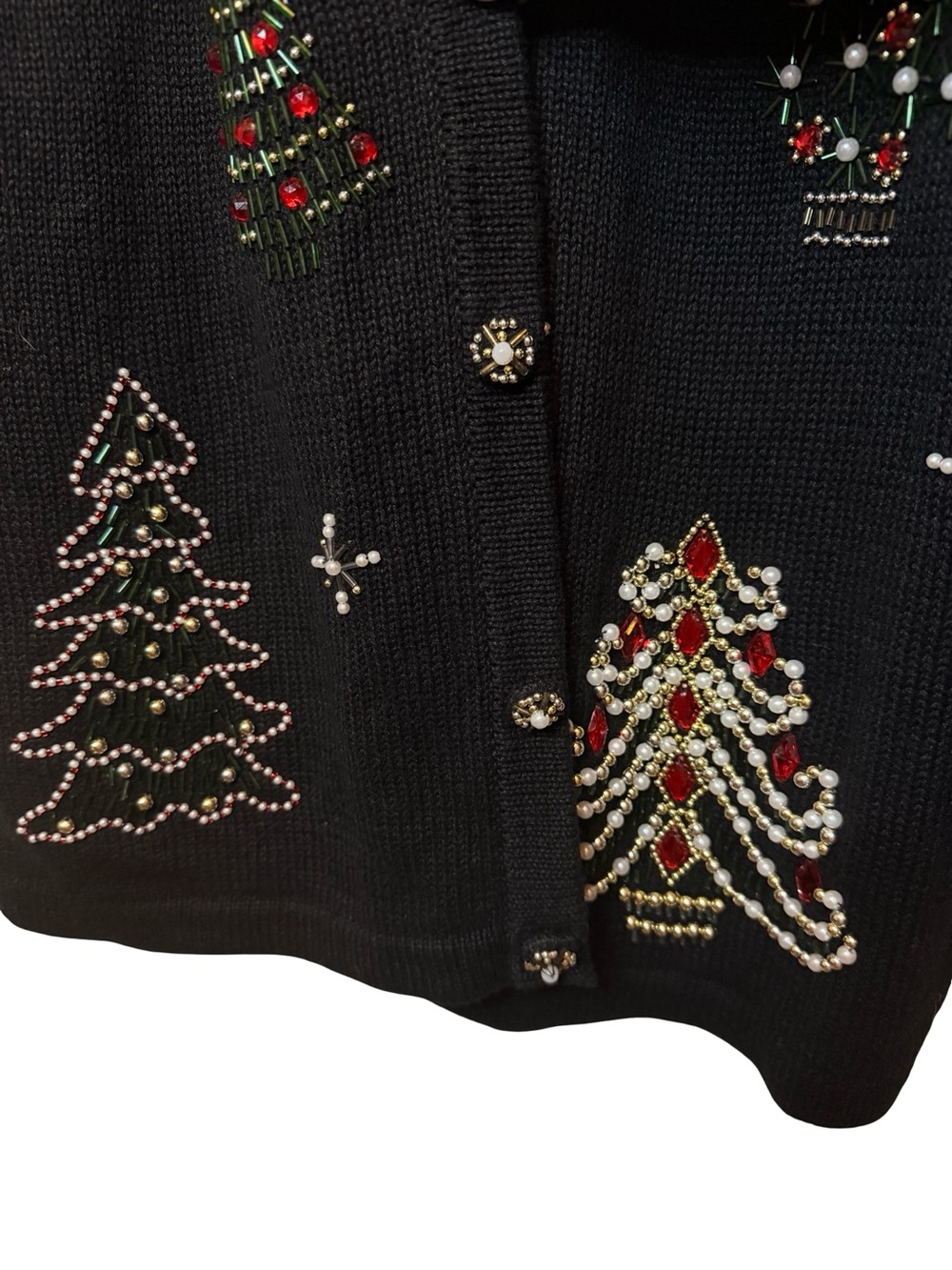 Lemon Grass Beaded Christmas Tree Cardigan Sweater Faux Fur Collar Black Sz 1X - Picture 5 of 7